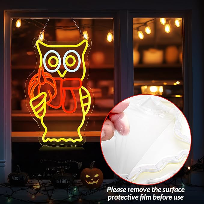 Hanna Roberts Owl Pumpkin Halloween Neon Sign for Window decor and Wall Decor, Brightness adjustable Pumpkin Led Light Up Signs for Children's Room, Bedroom, Bar,15"x8.66"