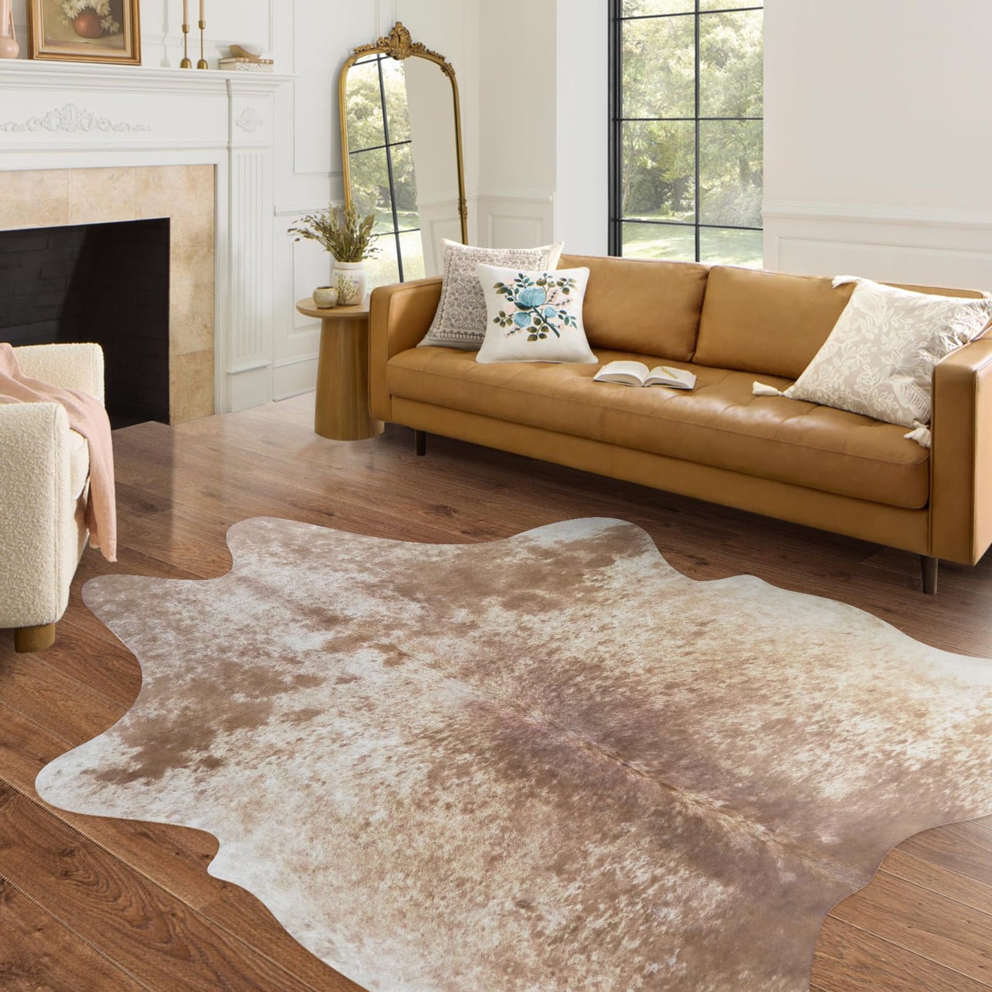 Cowhide Rug 4.6x5.2 ft Faux Cow Hide Cow Skin Rug Animal Cow Print Non Slip Brown Area Carpet for Bedroom Living Room Dining Room Western Decor