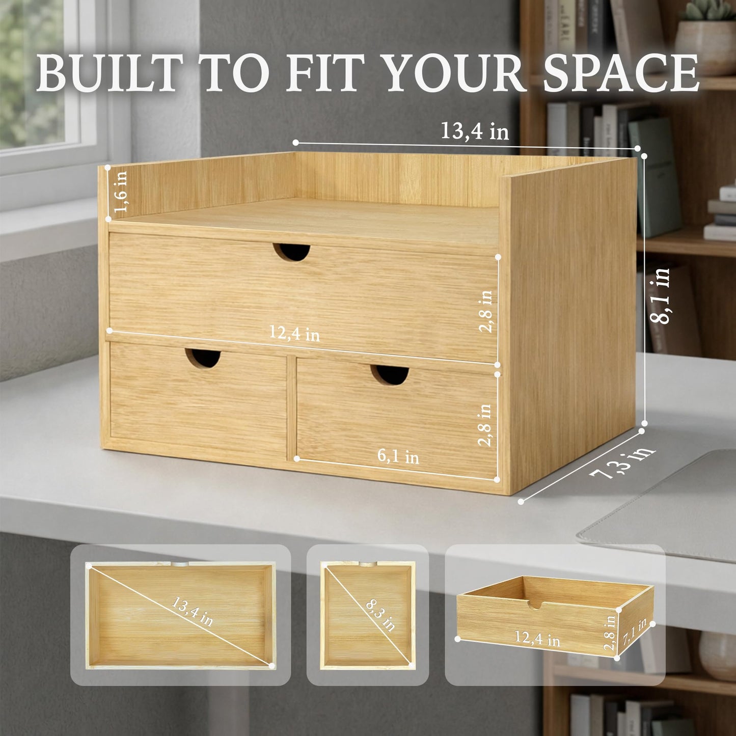 Bamboo Desk Organizer with 3 Drawers and Shelf, Desktop Drawers 13.4 x 7.3 x 8.1 Inches Countertop Storage Box for Office Supplies Makeup Kitchen, Wooden Tabletop Drawer No Assembly Required