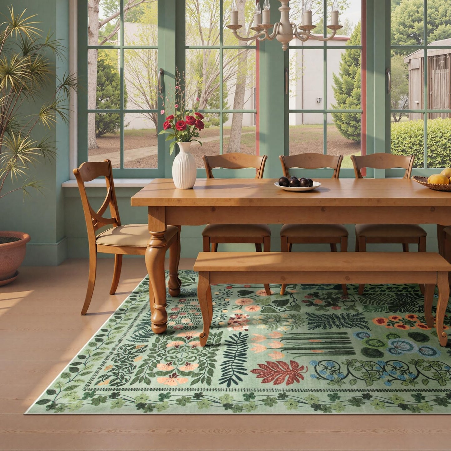 Zealude Floral Boho Washable 5x7 Area Rug for Living Room, Green Botanical Rug for Bedroom Dining Room Low Pile Non Slip, No Shed Large Carpet for Home Office Decor