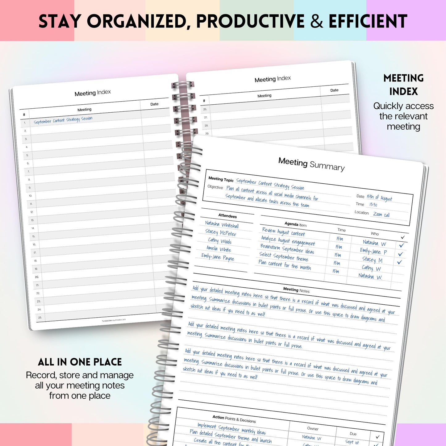 Meeting Minutes Note Taking Professional Notebook | Plan, Record and Track Actions from all your Important Meetings - A5 Pastel Rainbow