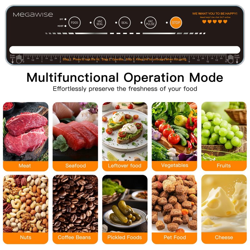 MegaWise Vacuum Sealer Machine | 80kPa Suction Power| Bags and Cutter Included | Compact One-Touch Automatic Food Sealer with External Vacuum System | Dry Moist Fresh Modes for All Saving needs
