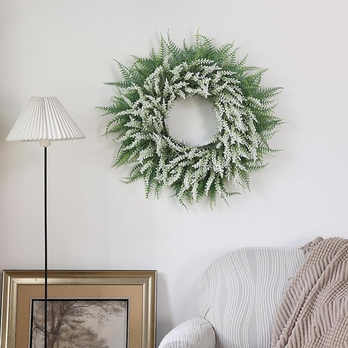 26'' Lavender and Boston Ferns Wreath for Front Door - Large Artificial Greenery Outdoor Wreath for Porch,Window,Farmhouse,Home,Hanging Decor- Spring, Summer, All Seasons (White-Green)