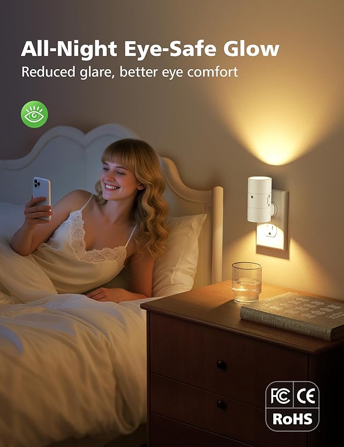Night Lights Plug Into Wall,Dimmable LED Nightlight with Dusk to Dawn Sensor,0-100LM Adjustable Brightness,3 Color Temperatures,Night Light for Hallway Bathroom Stair Bedroom,White,4 Pack