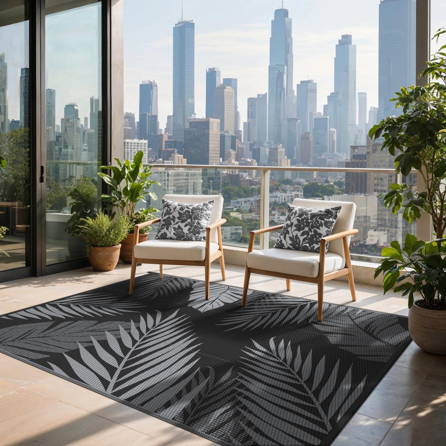 sarben Outdoor Rug 5' x 8' Waterproof for Patios Clearance, Reversible Plastic Straw Indoor Outdoor Rug for RV, Picnic, Backyard, Deck, Balcony, Porch, Beach, Black and Grey