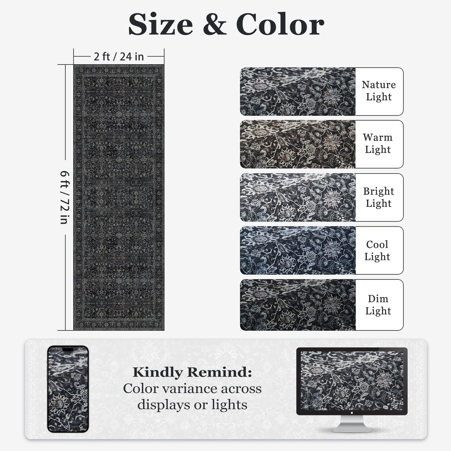 Jainmy Dark 2x6 Runner Rug for Hallways Entryway, Vintage Earth Tone Kitchen Bathroom Runner 6ft, Non Slip Washable Low Pile Thin Carpet Runner for Mudroom/Laundry Room/Bedroom Bedside, Midnight