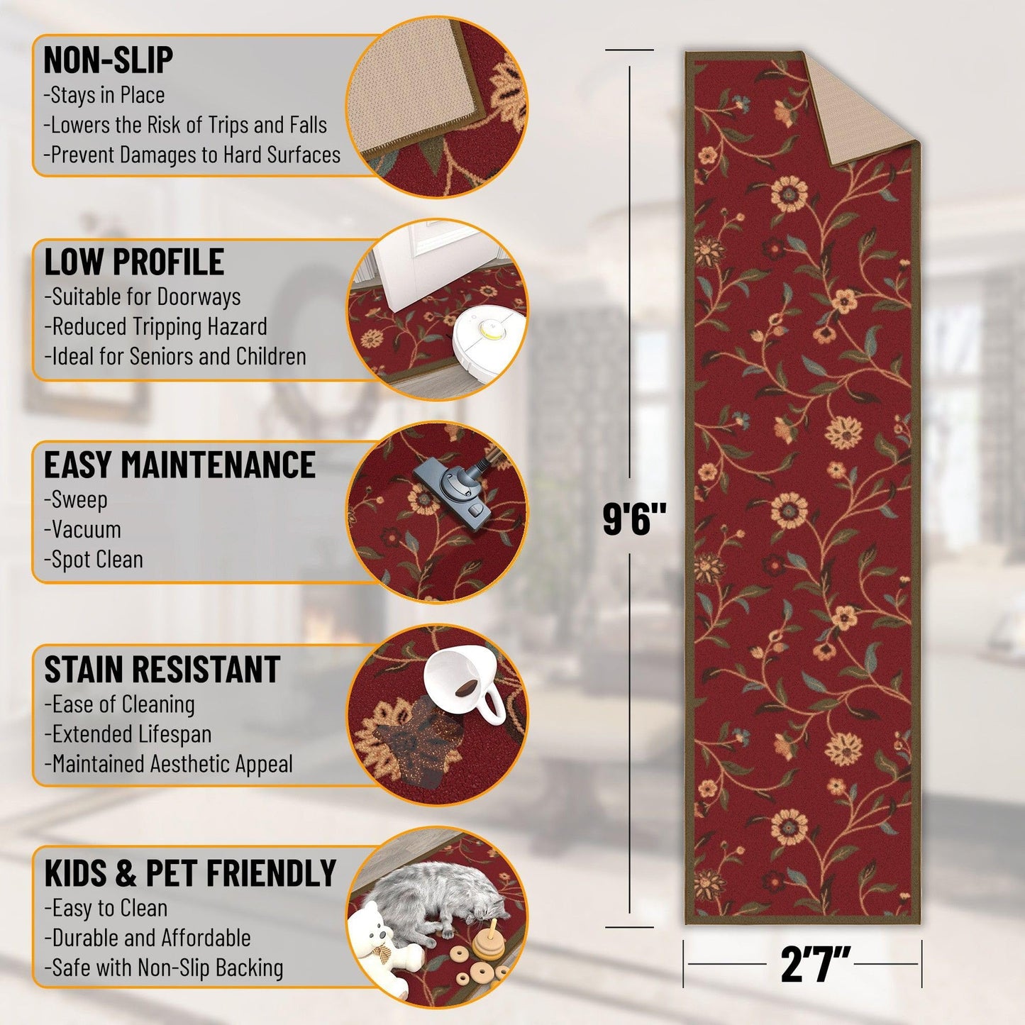 Ottomanson Hallway Runner Rug 2'7" x 9'6" Non Slip Floral Area Rugs Easy to Clean Laundry Rug Runner Durable Pet Friendly Floor Carpet Runners for Hallways Entryway Living Room Kitchen Bathroom, Red