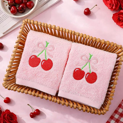 2 Pcs Cherry Hand Towels Light Pink Bathroom Decor 14x29 Inch Embroidered 100%