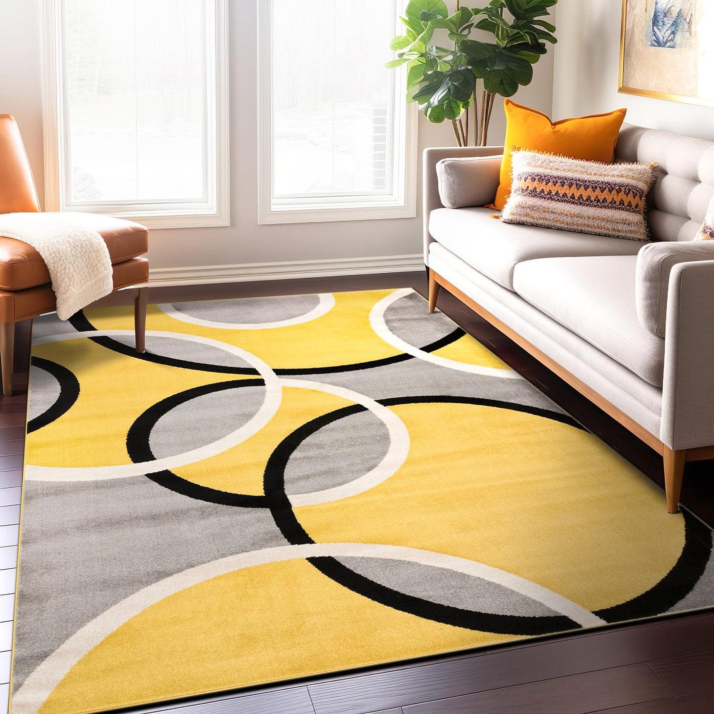 Rugshop Contemporary Abstract Circles Area Rug, Non-Shedding Carpet for Living Room, Dining Room, or Bedroom, Yellow, 6'6" x 9'