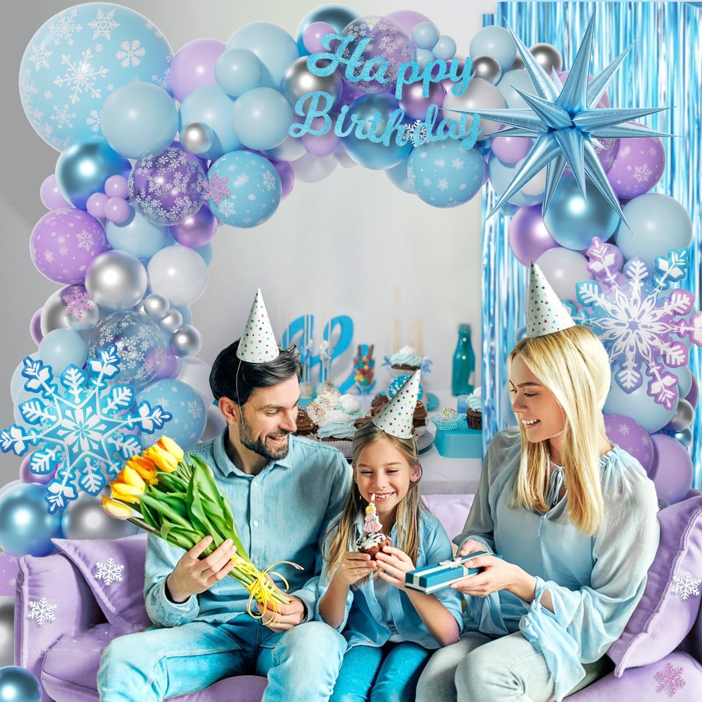 212pcs Frozen Balloon Arch Garland Kit, Blue Purple White Balloons with Fringe Curtain Snowflake Balloons Birthday Banner for Winter Wonderland 3th 4th Frozen Birthday Party Decorations