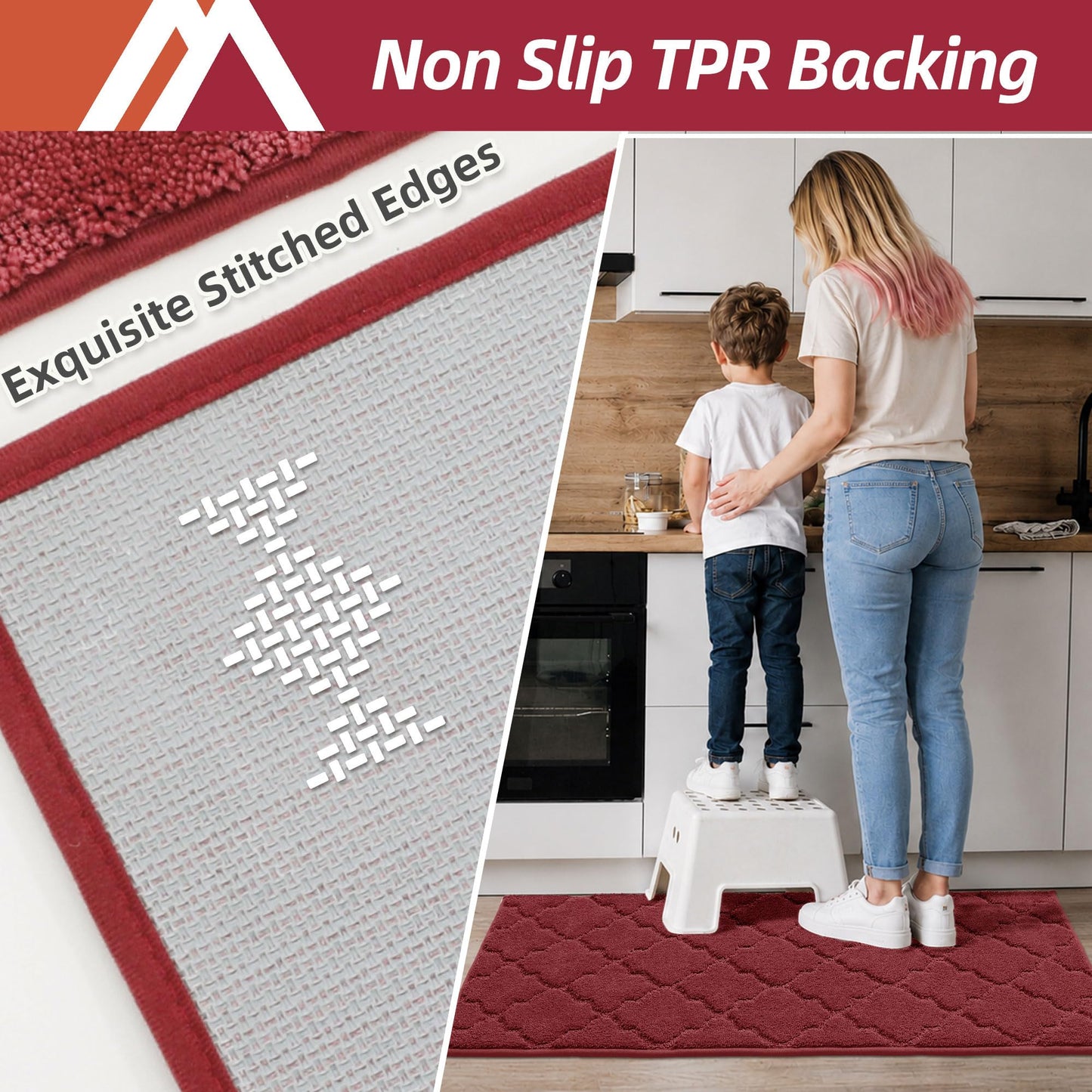 COSY HOMEER Soft Kitchen Floor Mats for in Front of Sink Super Absorbent Kitchen Rugs and Mats 20"x79" Non-Skid Kitchen Mat Standing Mat Washable,Polyester,Red
