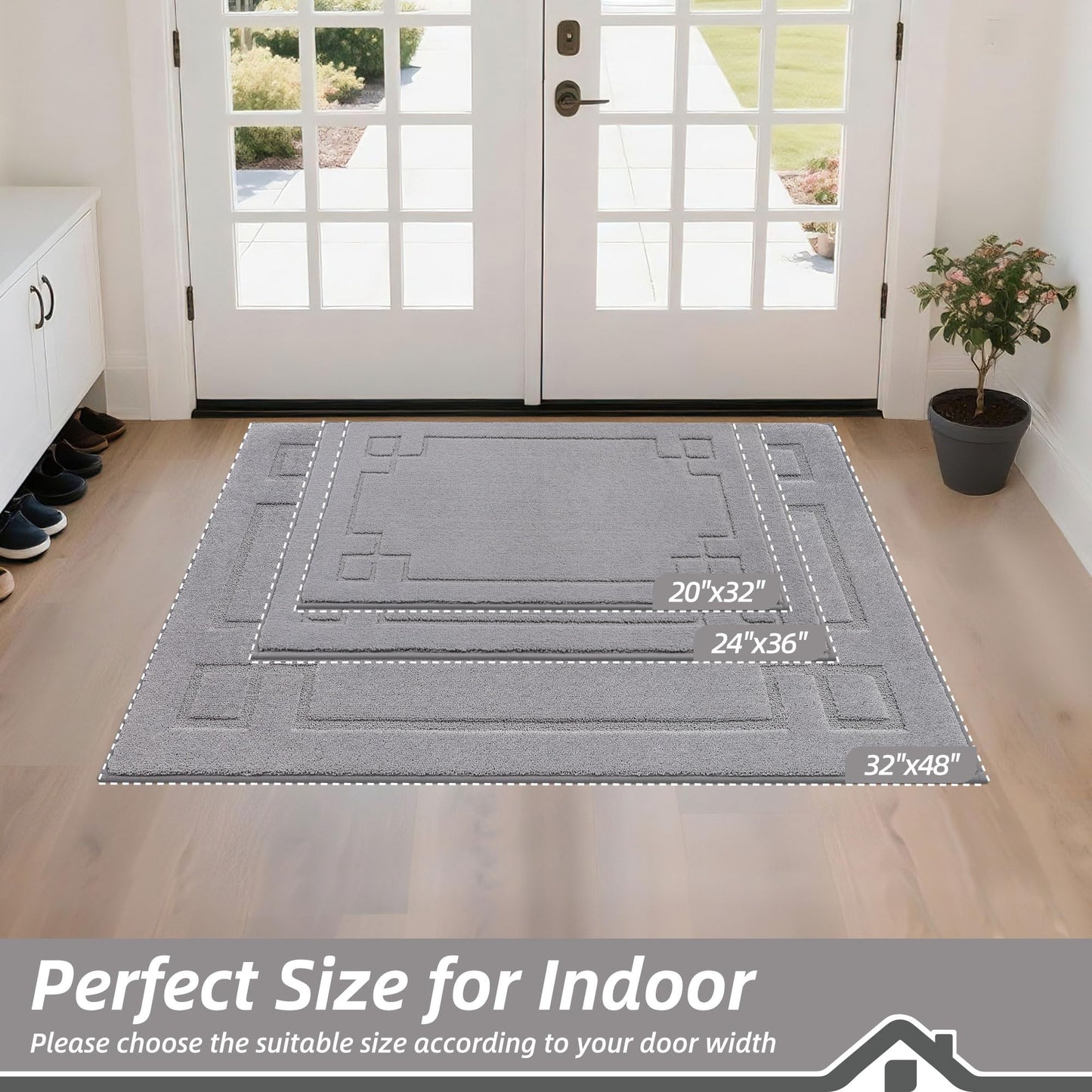 BEQHAUSE Door Mat 24" x 36", Non-Slip Door Mats Indoor Entryway Rugs Washable Low-Profile Absorbent and Dirt Trapper Floor Mats, Dog Door Mat for Front Back Door, Mud Wet Shoes & Paws, Light Grey