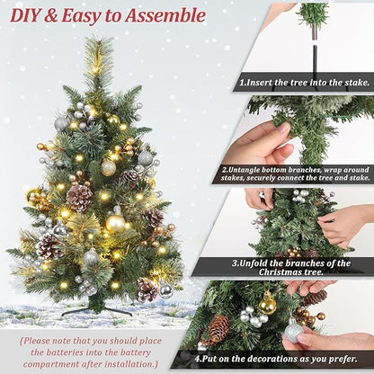 2 Packs 30 Inch Pre-Lit Outdoor Christmas Trees Urn Filler, Small Lighted Xmas Tree Holiday Décor with Multi-Color & WW Waterproof String Lights, Gold & Silver Berry Stems, 10 Pine Cones
