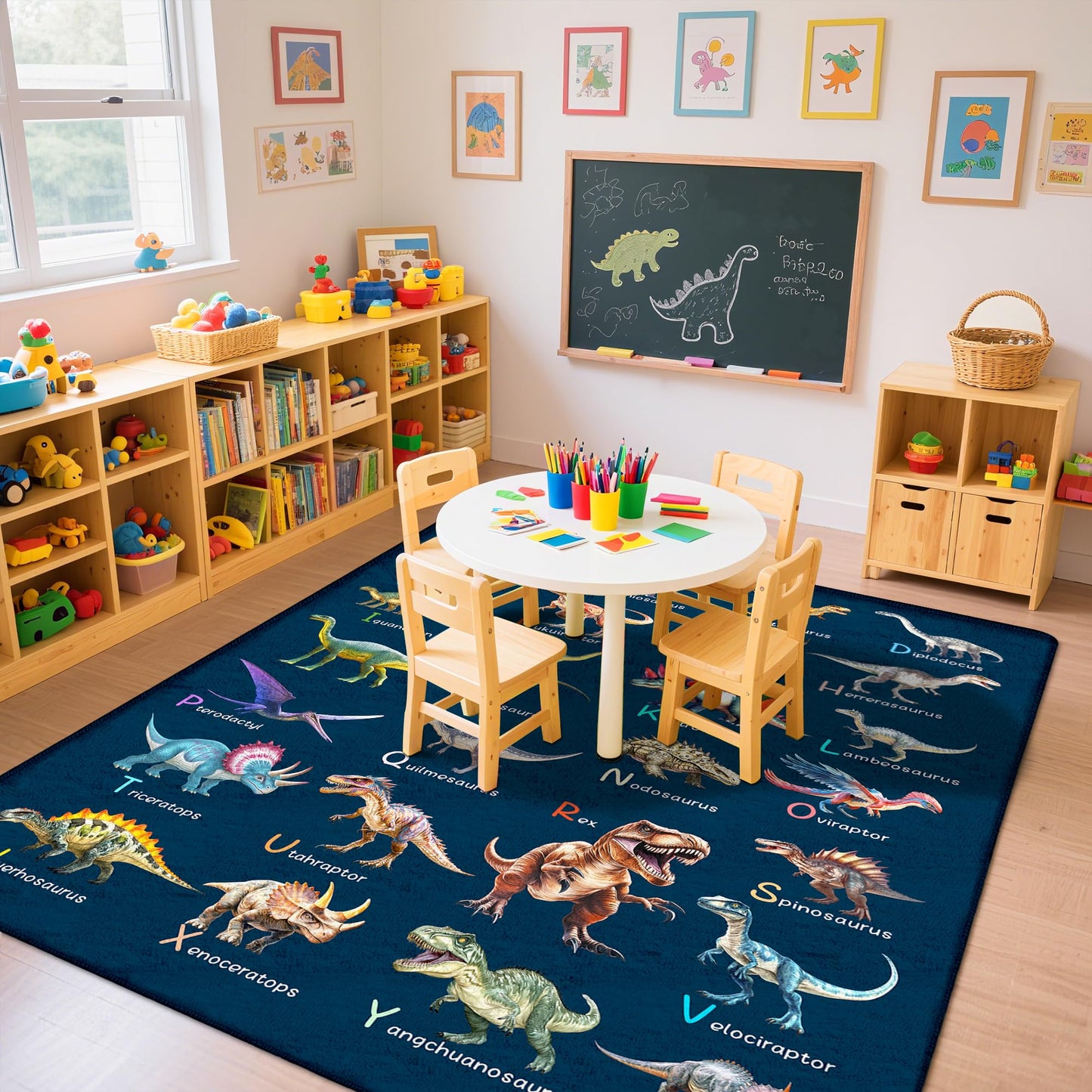 Kids Rugs for Playroom，5x7 Feet Educational Rugs for Learn The ABC Alphabet, Dinosaur Rugs for Boys Bedroom, Soft Machine Washable Non-Slip Carpet for Kids Room, Nursery, Classroom