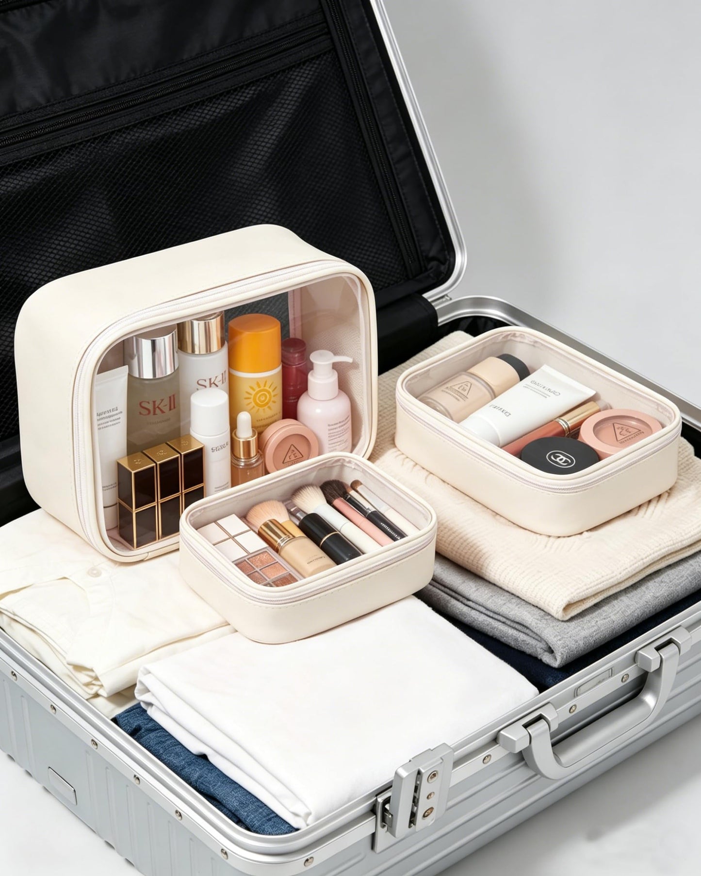 FFpaw Travel Clear Makeup Bag Set for Women, 3 Pack Travel Size Toiletry Bag with Zipper Small Makeup Pouch for Purse Waterproof Portable Cosmetic Case Compact Car Organizer Storage Bag (Beige Set)