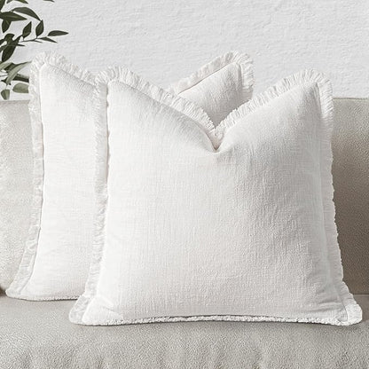 MIULEE Christmas Decorative Throw Pillow Covers Neutral Linen Fringe Throw Pillows Euro Shams Set of 2 White Boho Farmhouse Cushion Covers for Couch Sofa Bed Living Room Spring Home Decor 24x24 Inch