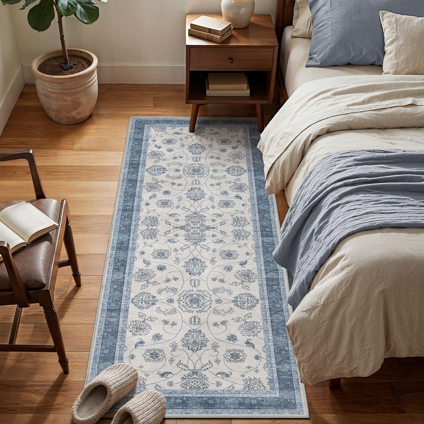 UERMEI 3x6 Machine Washable Runner Rug: Vintage Non Slip Low-Pile Stain-Resistant Hallway Floor Carpet, Soft for Entryway Kitchen Bathroom, Kid Pet Safe Robot Vacuum Friendly - Blue