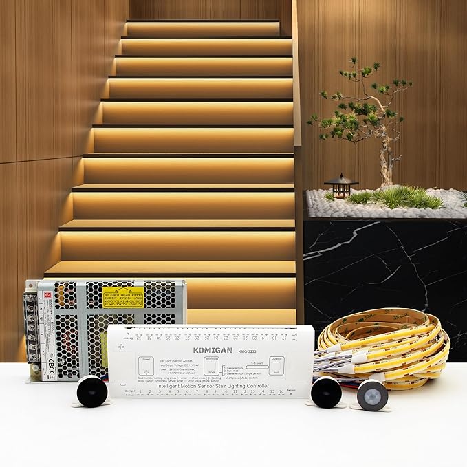 Intelligent Motion Triggered LED Stair Lighting Kit KMG-3233, 40" Cuttable LED Strip Light for Indoor LED Stair Lights (Warm White 3000K,24 Stairs)
