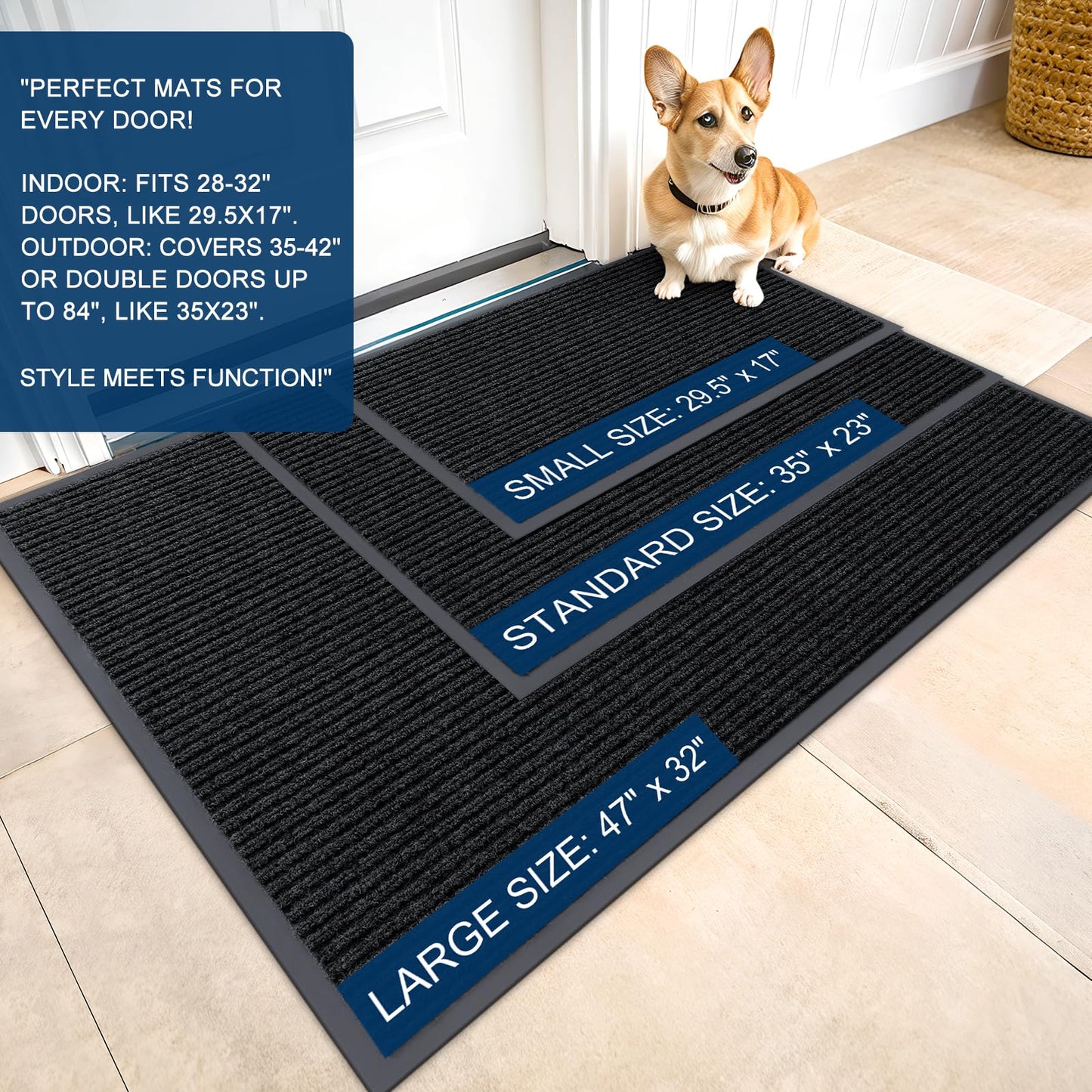 OLANLY Front Door Mat Indoor Outdoor Entrance, Waterproof Heavy Duty Doormat, Fade Resistant, Low Profile, Easy Clean Patio Porch Welcome Floor Mats for Entry, 59x34, Black
