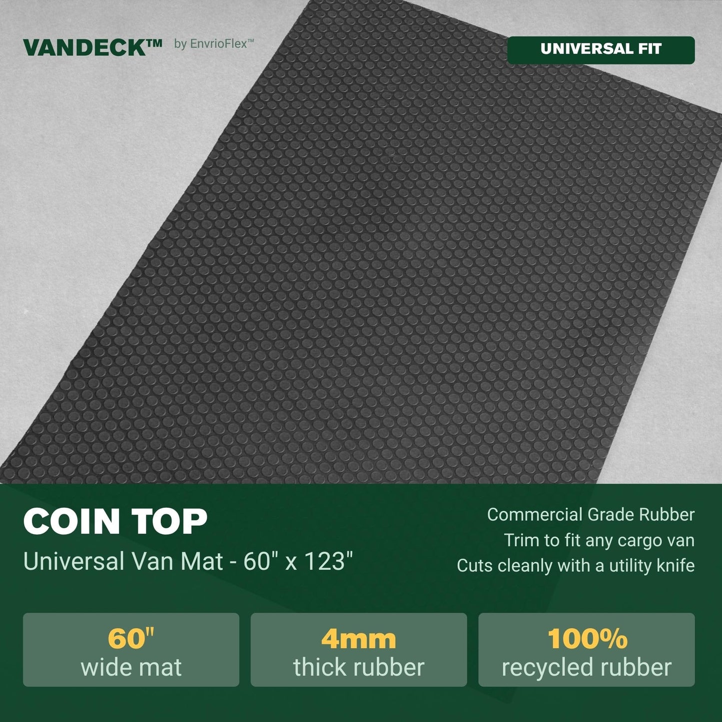EnviroFlex VanDeck Universal Fit Cargo Van Floor Liners - 1/8" x 60" W x 123" L Coin top - Heavy Duty, Cut to Fit Rubber Floors, Protect Floors