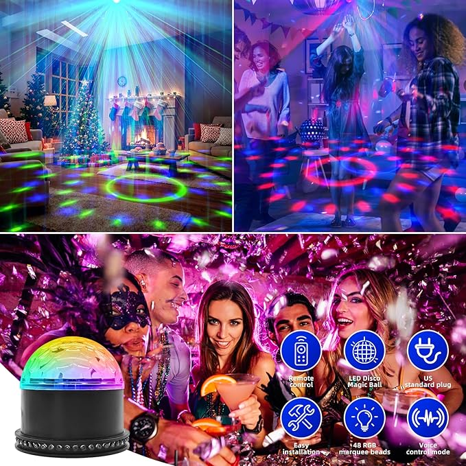 6-Color LED Crystal Party Light with 48 RGB Chasers: Sound Activated DJ Disco Ball & Strobe Stage Lights for Karaoke, Birthday, Christmas, Halloween Decor, Remote Included
