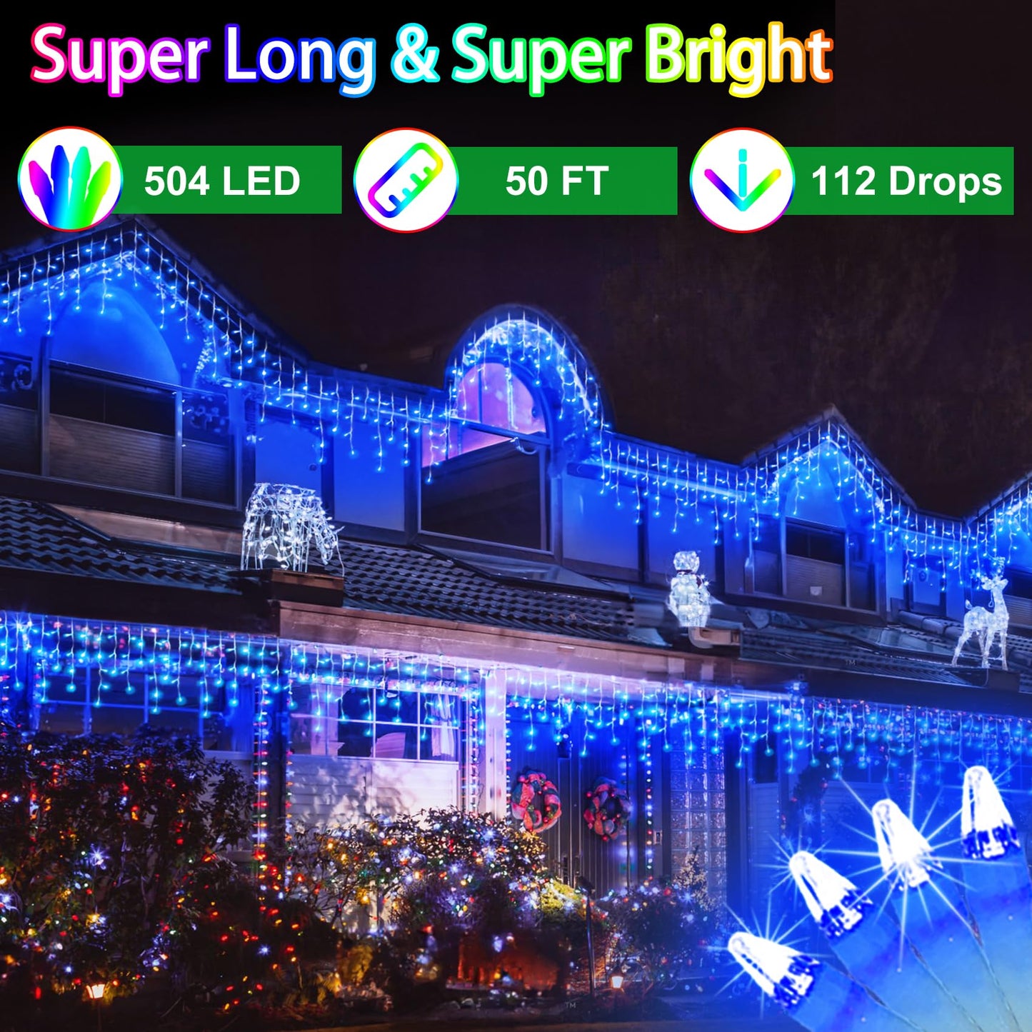 WUXYIYANG 50FT 504 LED Outdoor Christmas Lights - 112 Ice Drops, 12 Pro Modes with Timer Memory & Brightness, Waterproof Hanging Ice String Light for Holiday Wedding Garden Fence House Decor (Blue)