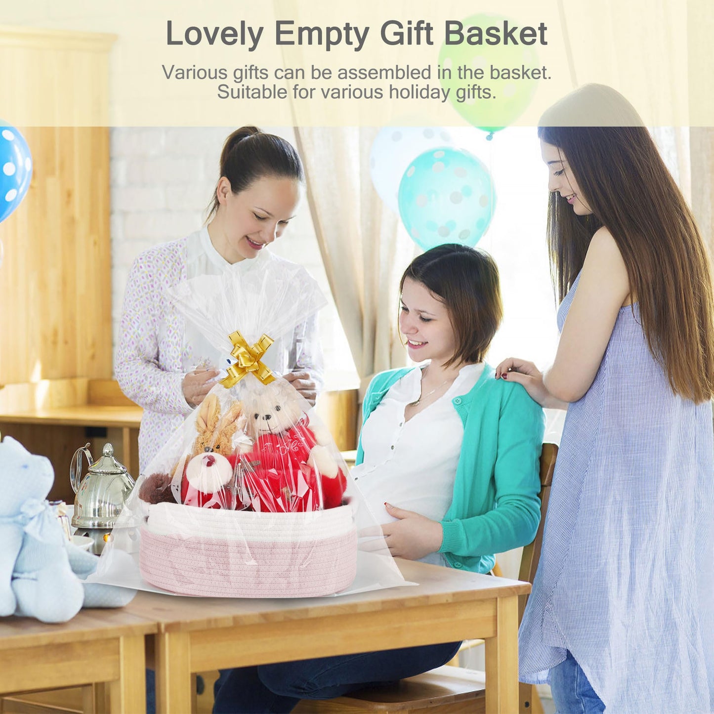 BOSROTY Small Woven Basket with Gift Bags and Ribbons, Empty Baby Gift Baskets, Shelf Storage, Small Cat Dog Pet Toy Boxes, 13”x 9”x 5.5”, Light Pink