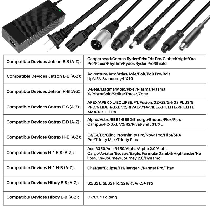 42V 2A Universal Charger,5 in1 Plugs with DC 5.5 * 2.1mm, 8mm/12mm 3 Prong, RCA & 3-Pin XLR Plugs for 36V Li-ion Battery & GOTRAX GXL V2/Nano S3 ION/G2-G4/XR Series Power Adapter
