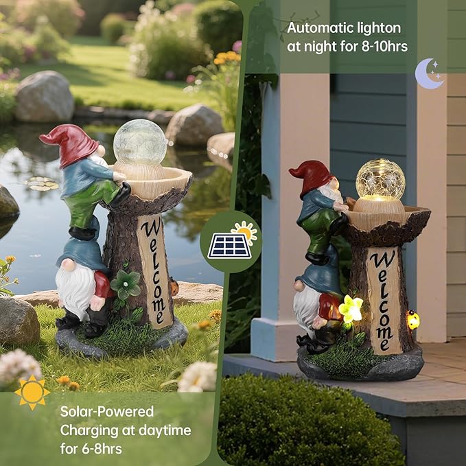 Solar Gnome Statue with Glowing Globe Light,Weatherproof Resin Garden Figurine Decor Auto On/Off - for Patio,Yard & Housewarming (Reminder: IT is NOT A Real Fountain)