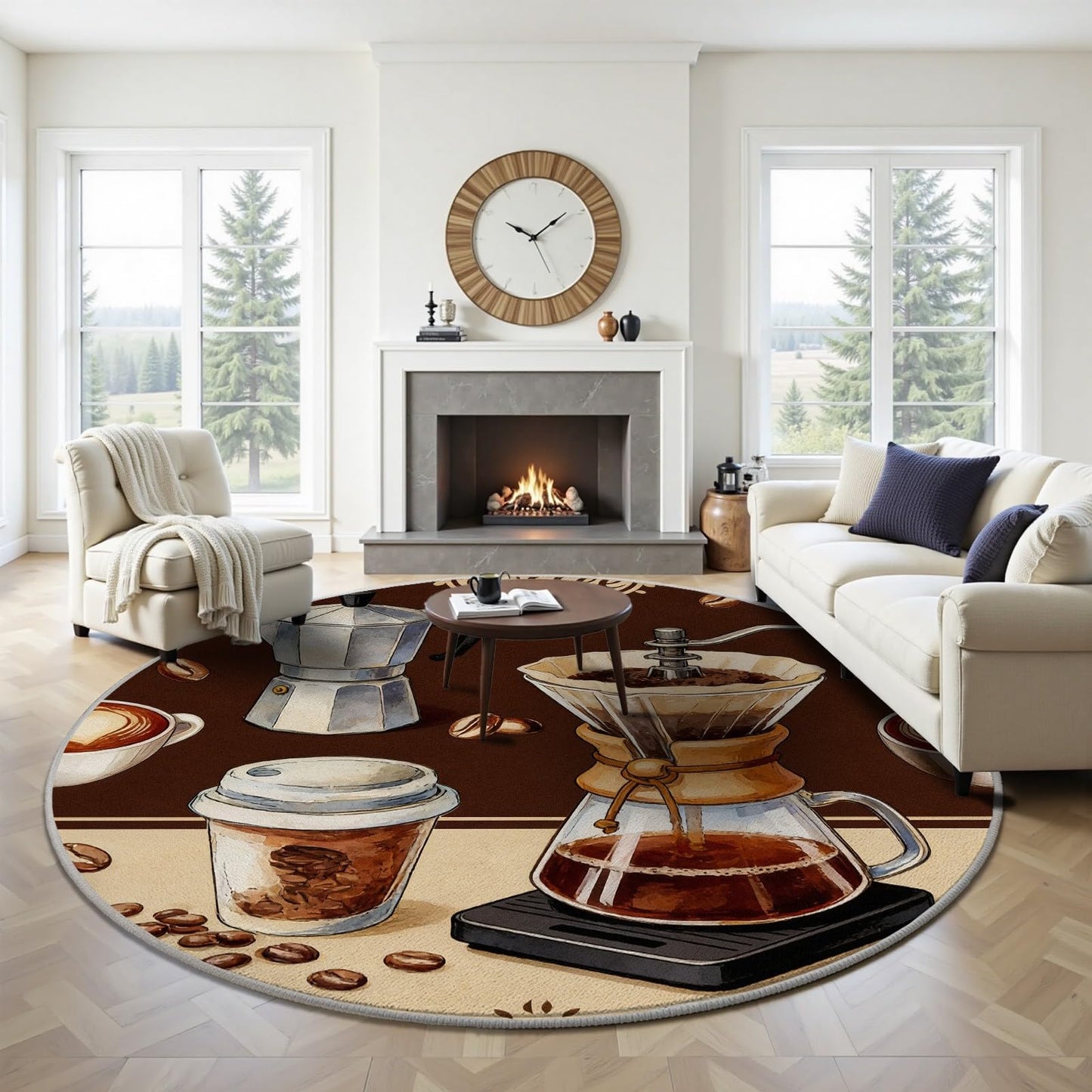 Egljss 4ft Round Rug, Coffee Bean Circle Area Rug for Living Room, Brown Round Carpet for Bedroom, Coffee Cup Circle Washable Rugs for Dining Table, Rugs Non Slip Kitchen