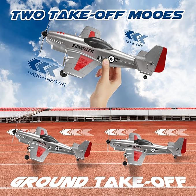 SIMREX RC Plane for Kids - 2.4GHz 3-Channel Remote Control Airplane Toy with 6-Axis Gyro 2 Speeds 2 Batteries P51 RC Airplane Foam Glider - Gift for Boys &amp Girls