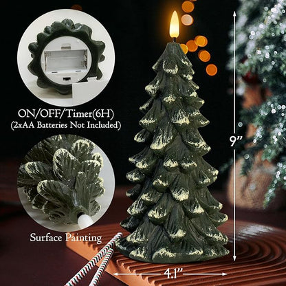 Christmas Tree Shaped Flickering Flameless Candles, Green Real Wax Battery Operated LED Candles with Timer for Christmas Home Party Decoration Christmas Gift Set of 2