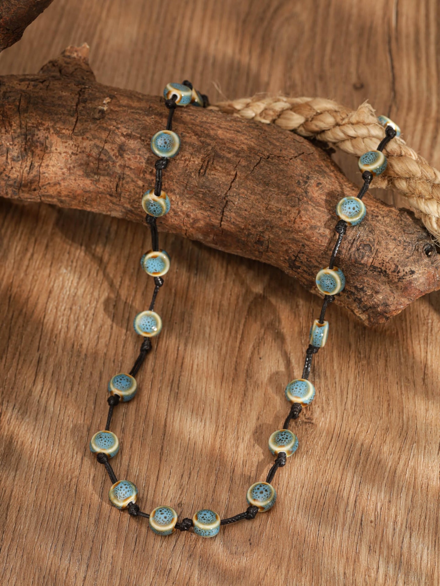 MINACHI Hippie Boho Blue Ceramic Bead Long Strand Necklace, Black Waxed Cord, Bohemian Beach Summer Jewelry Gift for Women