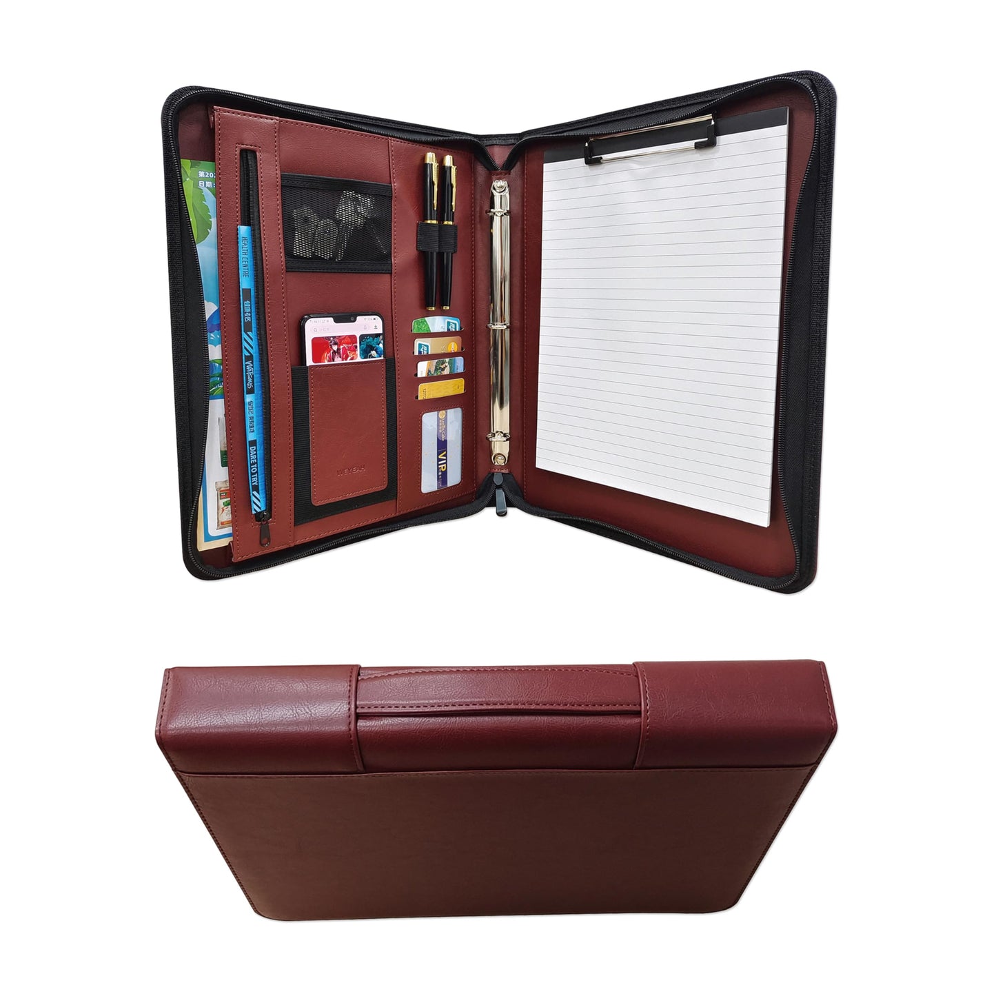 WEYEAH Faux Leather 3 Ring Portfolio Binder With Handle, Business Padfolio for Men & Women, Zippered Document Organizer for Home & Office Use, Including Clipboard, Notepad and Sheet Protectors (Brown)