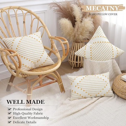 Mecatny Boho Outdoor Throw Pillow Covers 18X18 Set of 2, Farmhouse Decorative Pillow Covers for Couch Sofa Living Room, Yellow & White