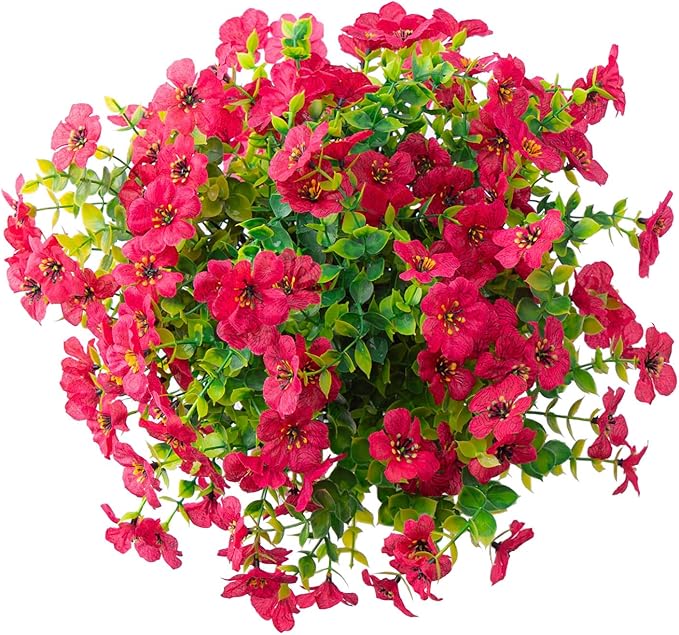 Outdoor Artificial Flowers, 8 Bundles Fake Flowers Autumn Decoration, No Fade Faux Plastic Shrubs for Garden Patio Porch Window Box Fall Decor (Rose)