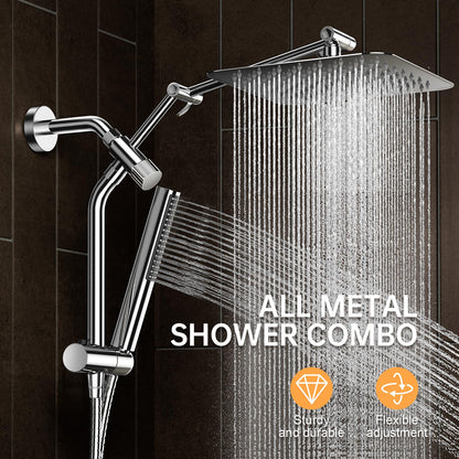 Veken All Metal 10" Shower Head with Handheld, Luxurious Square Double Rain Shower Heads with Spray Combo, Dual High Pressure Detachable Rainfall Showerhead with Extension Arm, Long Hose,Chrome,Sliver