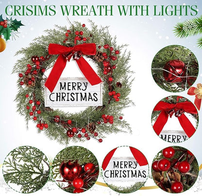 Lighted Christmas Wreath for Front Door with Metal Hanger 16'' Artificial Norfolk Wreath with Velvet Bow LED Lights Jingle Bells Pinecone Berries Christmas Holiday Winter Decor(Red)