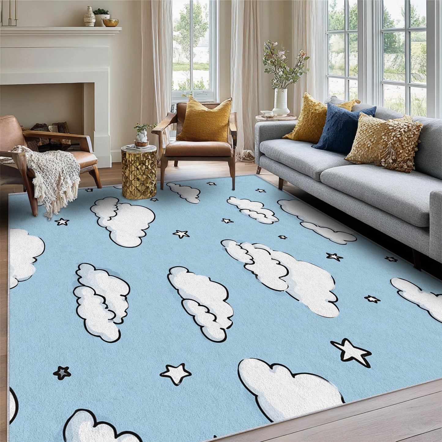 White Cloud Star Rug, Washable Area Rug 5x7 Rugs for Living Room, Cartoon Sky Blue Patterned Indoor Carpet, Cloud Star Decor for Home, Bedroom, Soft Non Slip Thin Design TWR109