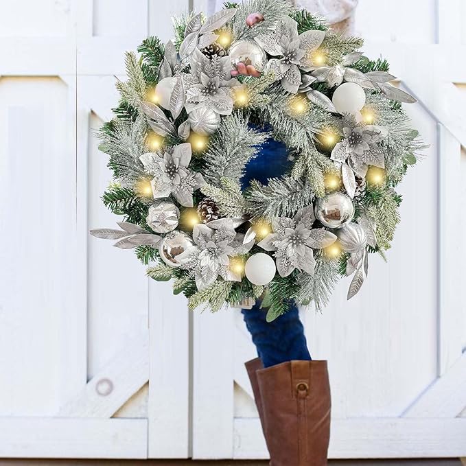 WANNA-CUL Pre-Lit 24 Inch Lighted Christmas Wreath for Front Door Decor with Silver White Christmas Ball Ornaments and Poinsettia Flowers,Battery Operated 30 LED Lights