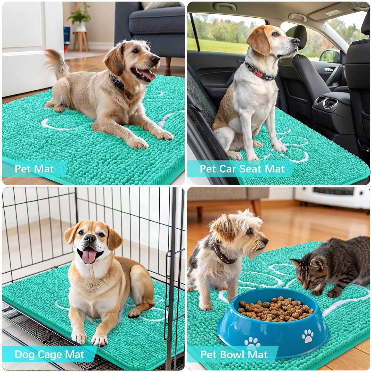 OLANLY Dog Door Mat for Muddy Paws 59x35, Paw Print Design, Absorbs Moisture and Dirt, Absorbent Non-Slip Washable Doormat, Quick Dry Chenille Mud Mat for Dogs, Entry Indoor Entryway Carpet, Teal