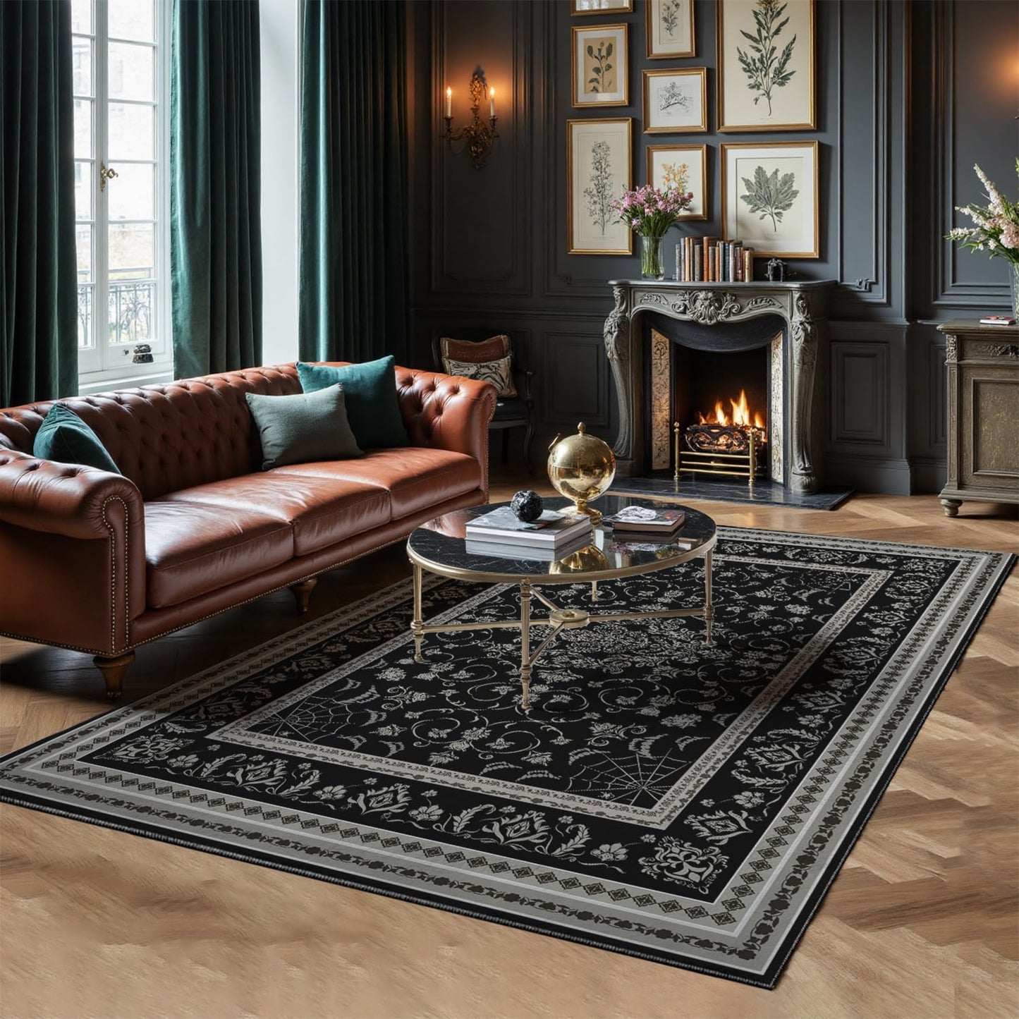 Gothic Spider & Fangs Area Rug 8x10 - Black Luxury Carpet with Intricate Web and Skull Designs, Soft Machine Washable Non-Slip Rug for Dark Academia, Vampire Themed Bedroom, Living Room.