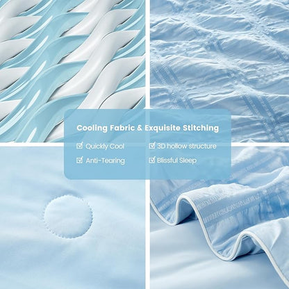 Cozy Bliss Cooling Comforter Queen Size Seersucker Plaid, Q-Max 0.4 Reversible Lightweight Cooling Blanket, Breathable Silk Smooth Summer Bedding Quilt for Hot Sleepers Night Sweats Blue