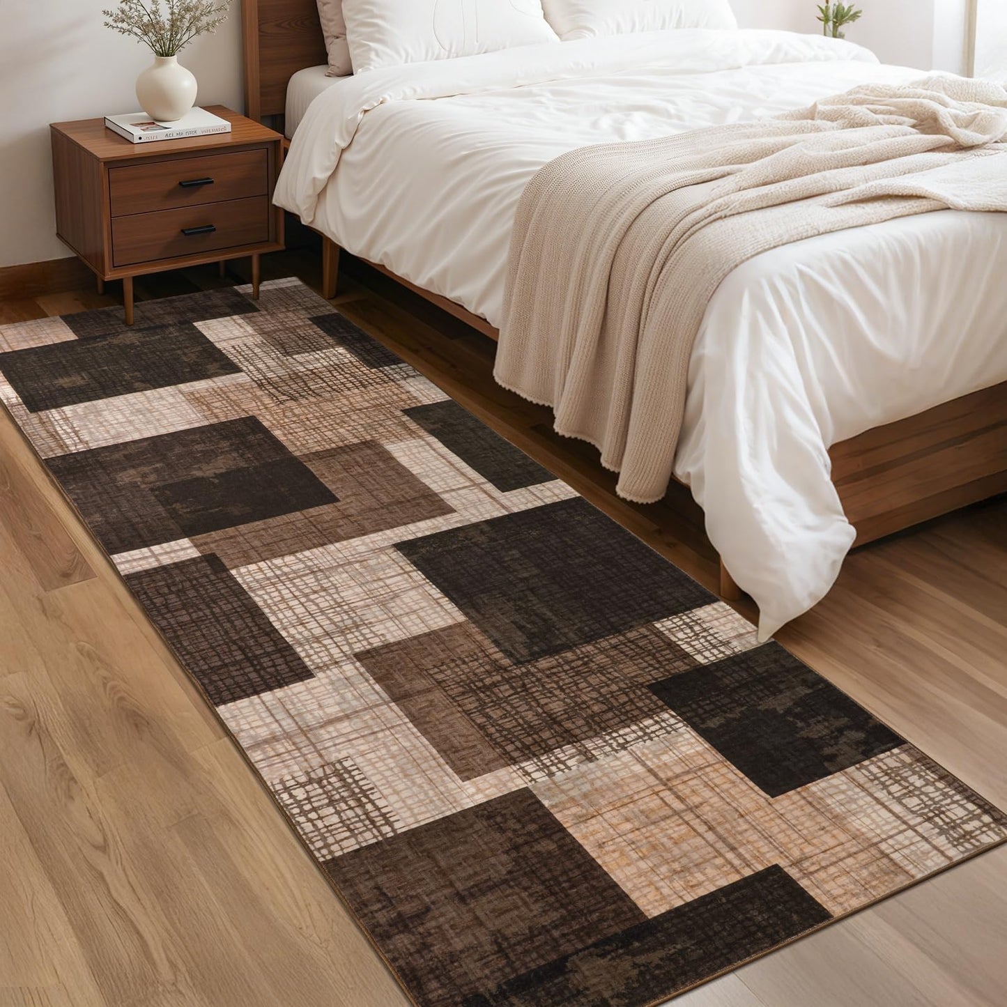 Ailyei Washable 2x6 Runner Rug for Hallway Kitchen Bedroom, Modern Geometric Patchwork Grid Print Non Slip Carpet, Soft Stain Resistant Long Runner with Rubber Backing, Chocolate