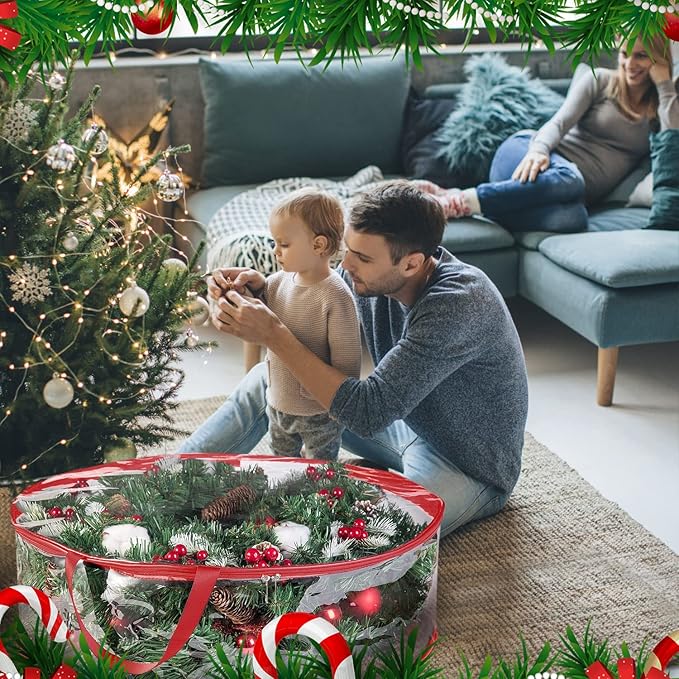 ProPik Christmas Wreath Storage Bag - 2 Pack Artificial Christmas Wreath Storage Container- Garland Holiday Wreath Storage Holder –Water Proof Transparent Clear PVC - with Handles (Red, 48 Inch)