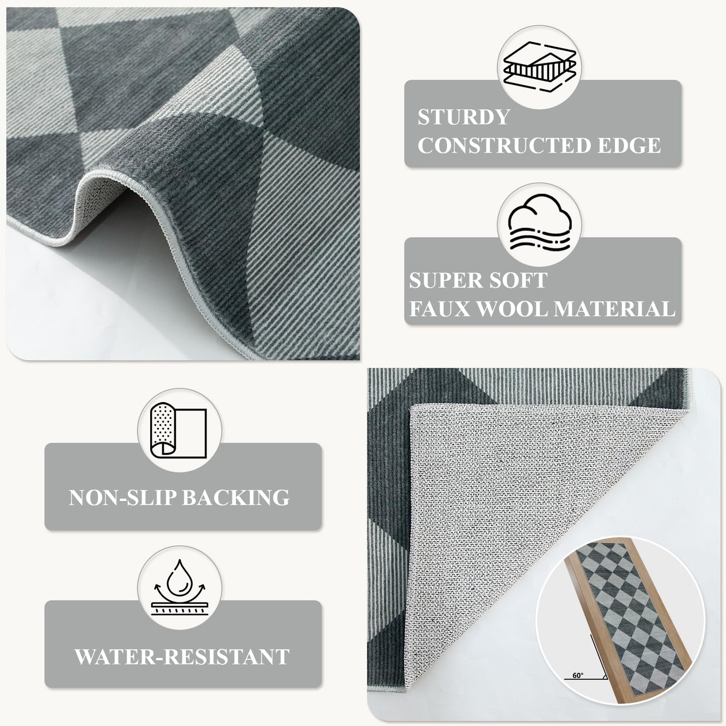 Beeiva Checkered Print Hallway Rug 2x6, Ultra Thin Kitchen Rug Runner Non Slip Washable Carpet Runners for Hallway 6ft, Modern Diamond Stain Resistant Floor Carpet for Bathroom Bedroom Entryway