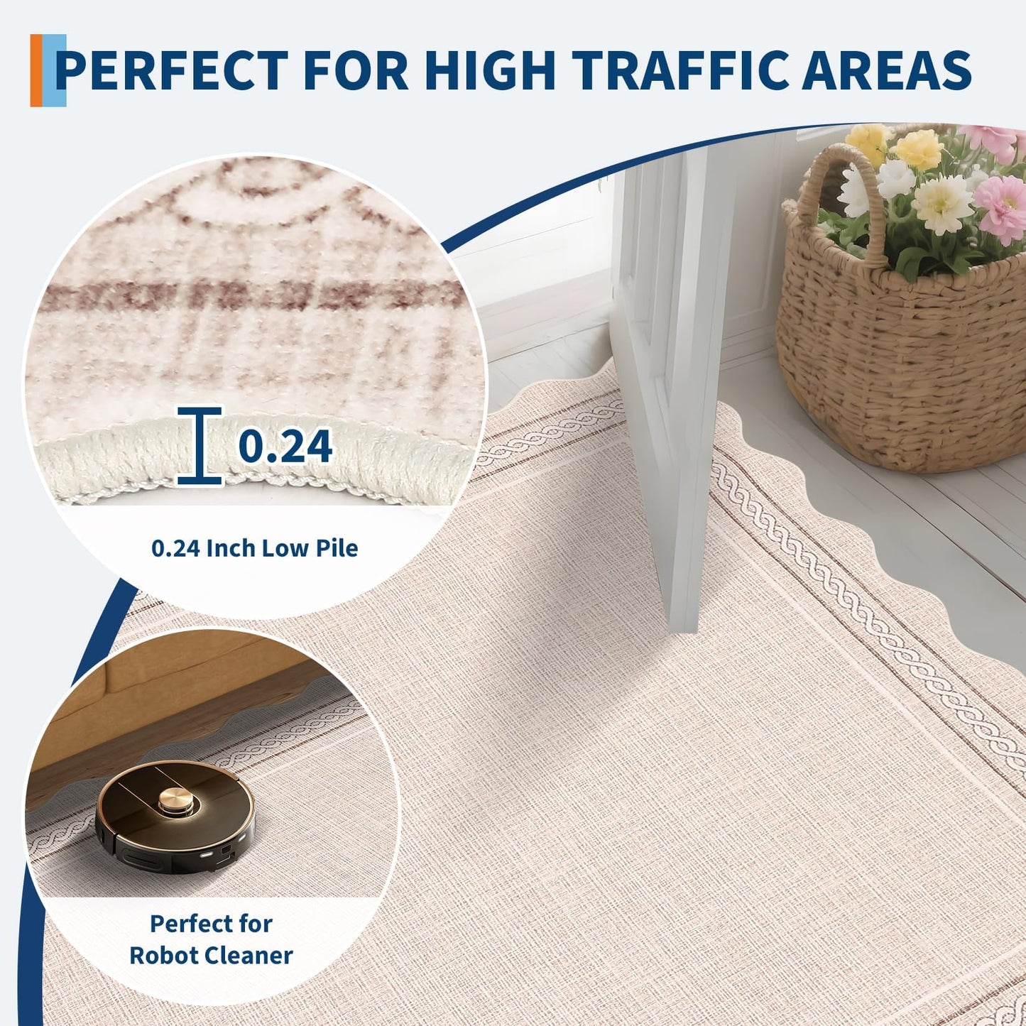 GarveeHome Scalloped Door Mat Indoor Entrance 2x3 Rug Machine Washable Boho Solid Small Area Rug Non-Slip Low Pile Throw Rugs for Entryway Kitchen Front Door Indoor Entrance Entry Kids Room, Beige
