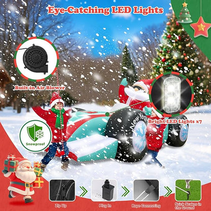 10FT Giant Christmas Inflatables Outdoor Decorations Xmas Racing Car Blow Up Yard Decorations with Built-in LED Lights for Garden Lawn Outdoor Yard Winter Holiday