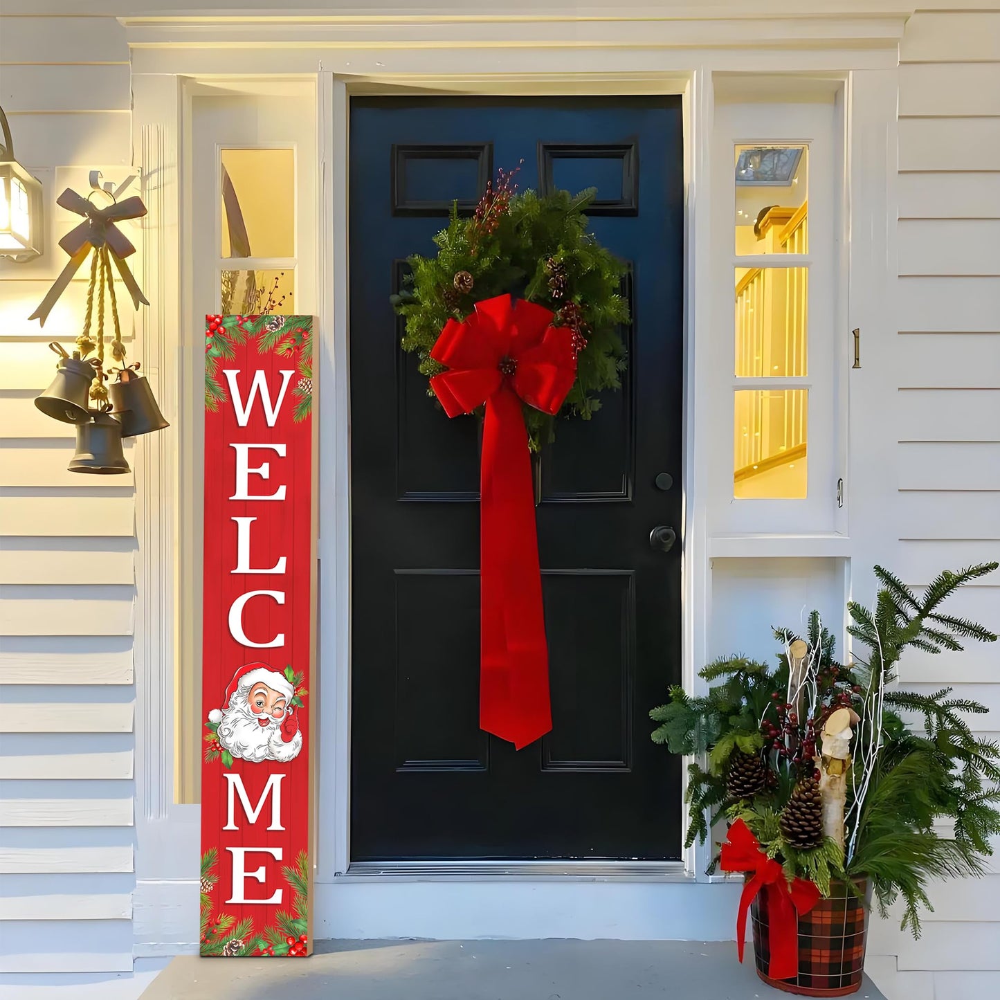 Christmas Wooden Porch Sign 47" Santa Claus Large Welcome Porch Sign for Home Front Door Yard Party Decor(Red)