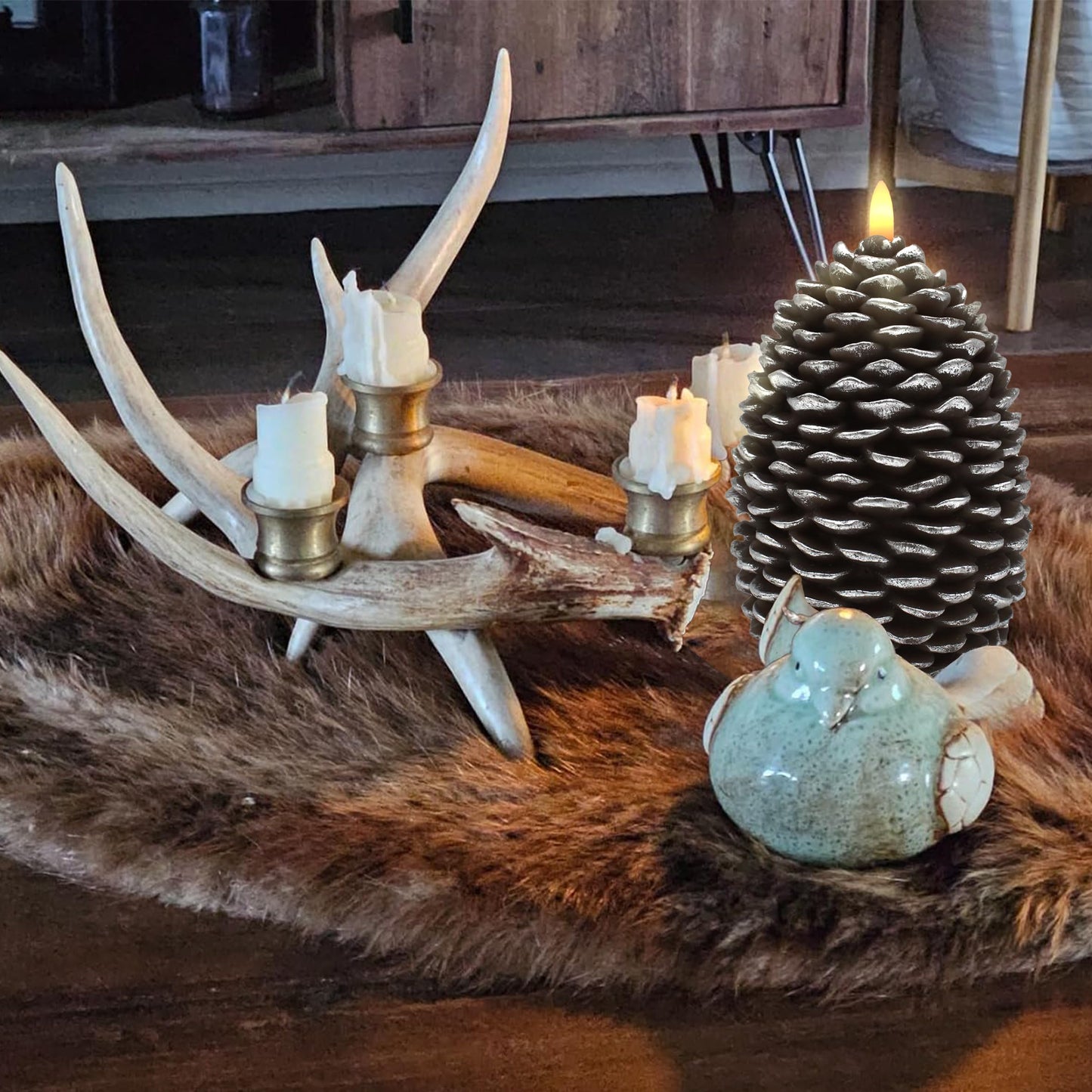 CVHOMEDECO. Pine Cone Candles Battery Operated Pinecones with Remote and Timer, Pine Cones Candle LED Flameless Flickering Candles for Fall, Christmas Decor. Silver-Brown, H 6.5 Inch, Pack of 2